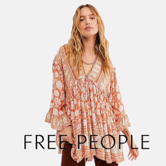 Free People Tops - Free People Women Size Large Moonlight Dance Red Coral Orange Tunic